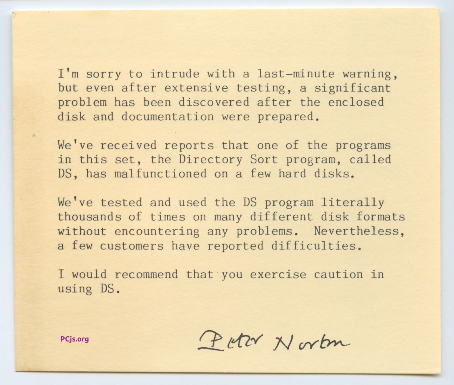 Norton Utilities 3.00 Note (1984-12-07)